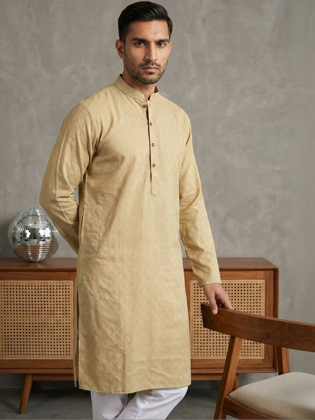 House of Pataudi Woven Design Mandarin Collar Knee Length Straight Kurtas