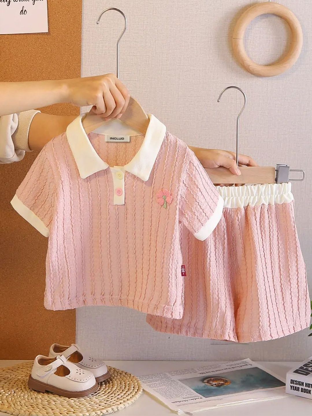 INCLUD Girls Textured Round Neck Short Sleeves Clothing Set