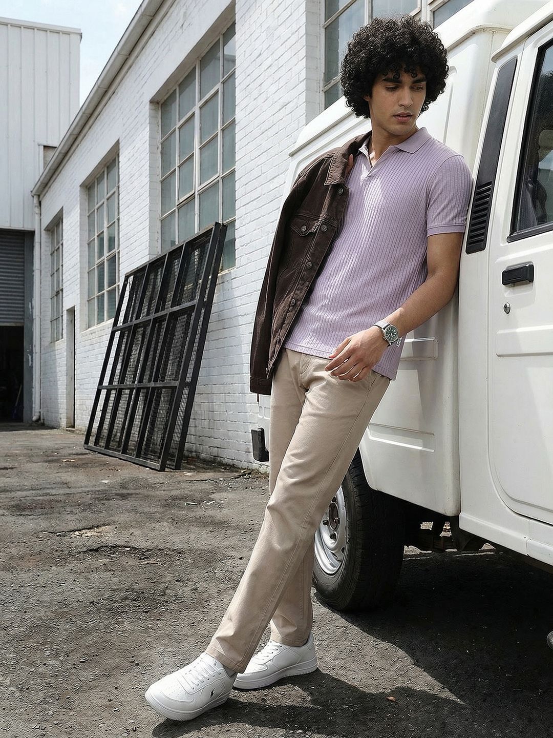 The Roadster Lifestyle Co. Men Self Striped Polo Collar T-shirt