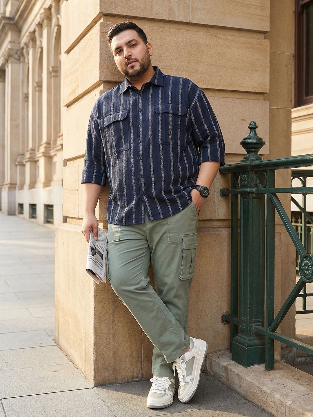 Sztori Plus Size Self Striped Casual Shirt