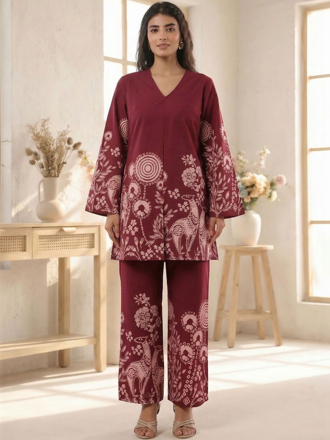 Women Cotton Co-Ords JISORA Cotton Printed Top with Palazzos