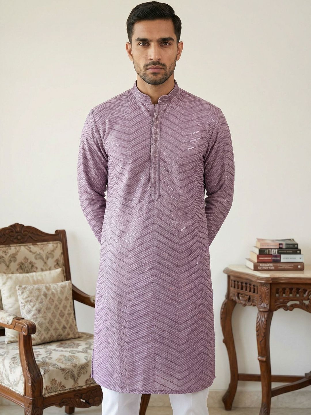 House of Pataudi Geometric Embroidered Mandarin Collar Knee Length Straight Kurta