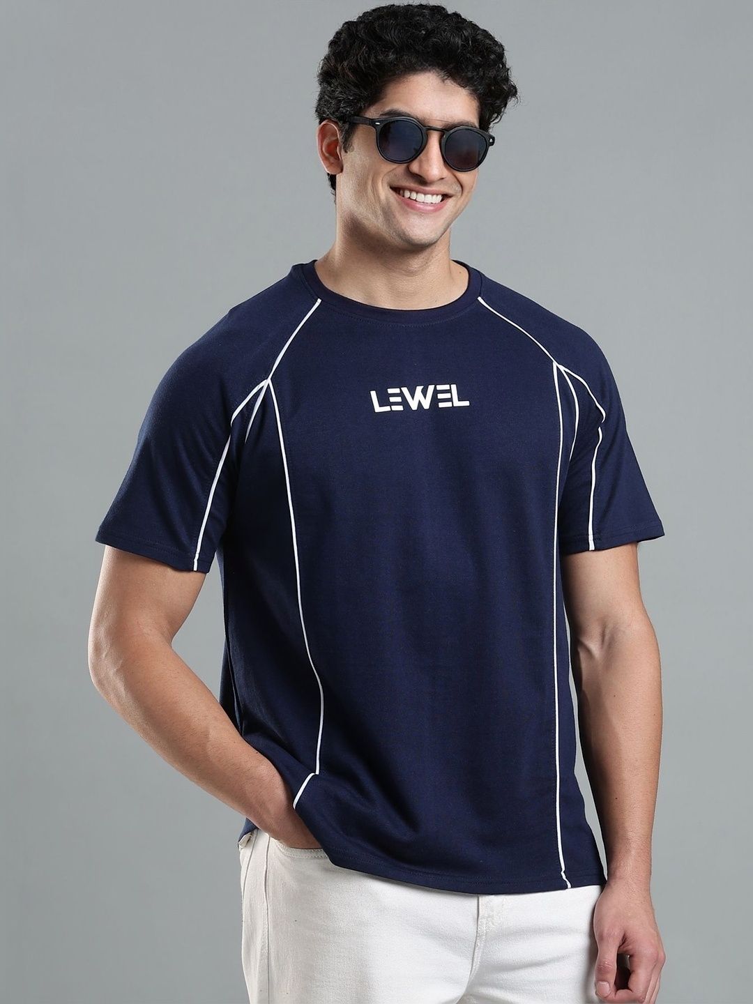 LEWEL Men Brand Logo Printed Round Neck Cotton T-shirt