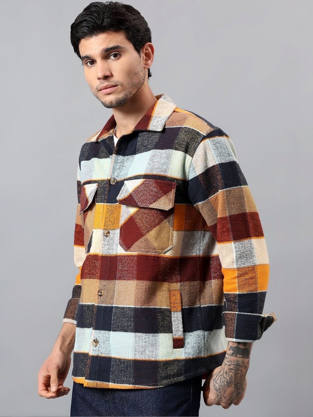 SIGMA CODE Men Checked Organic Cotton Blend Biker Jacket