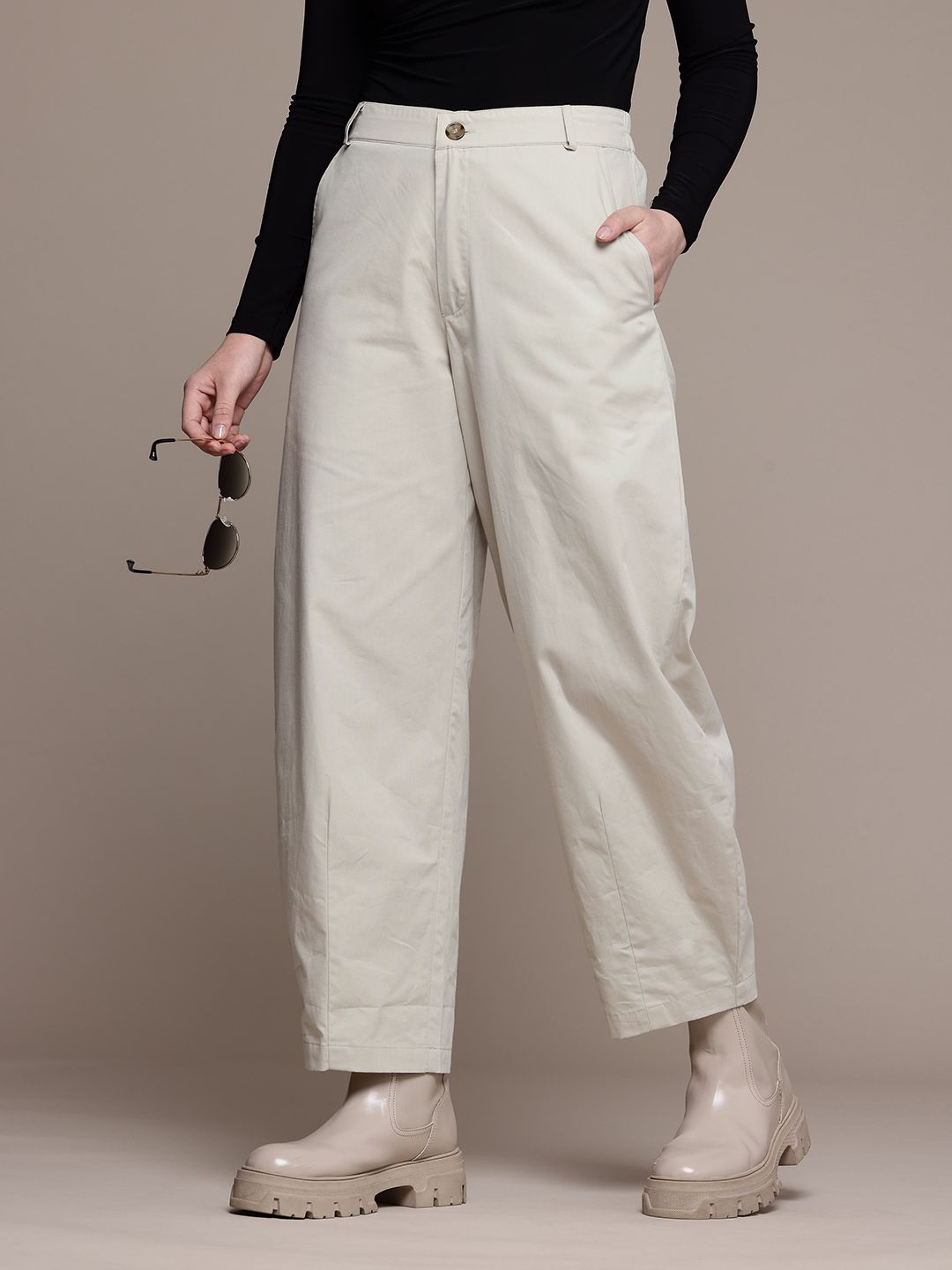 Popnetic Women Pure Cotton Barrel Fit High-Rise Chinos Trousers