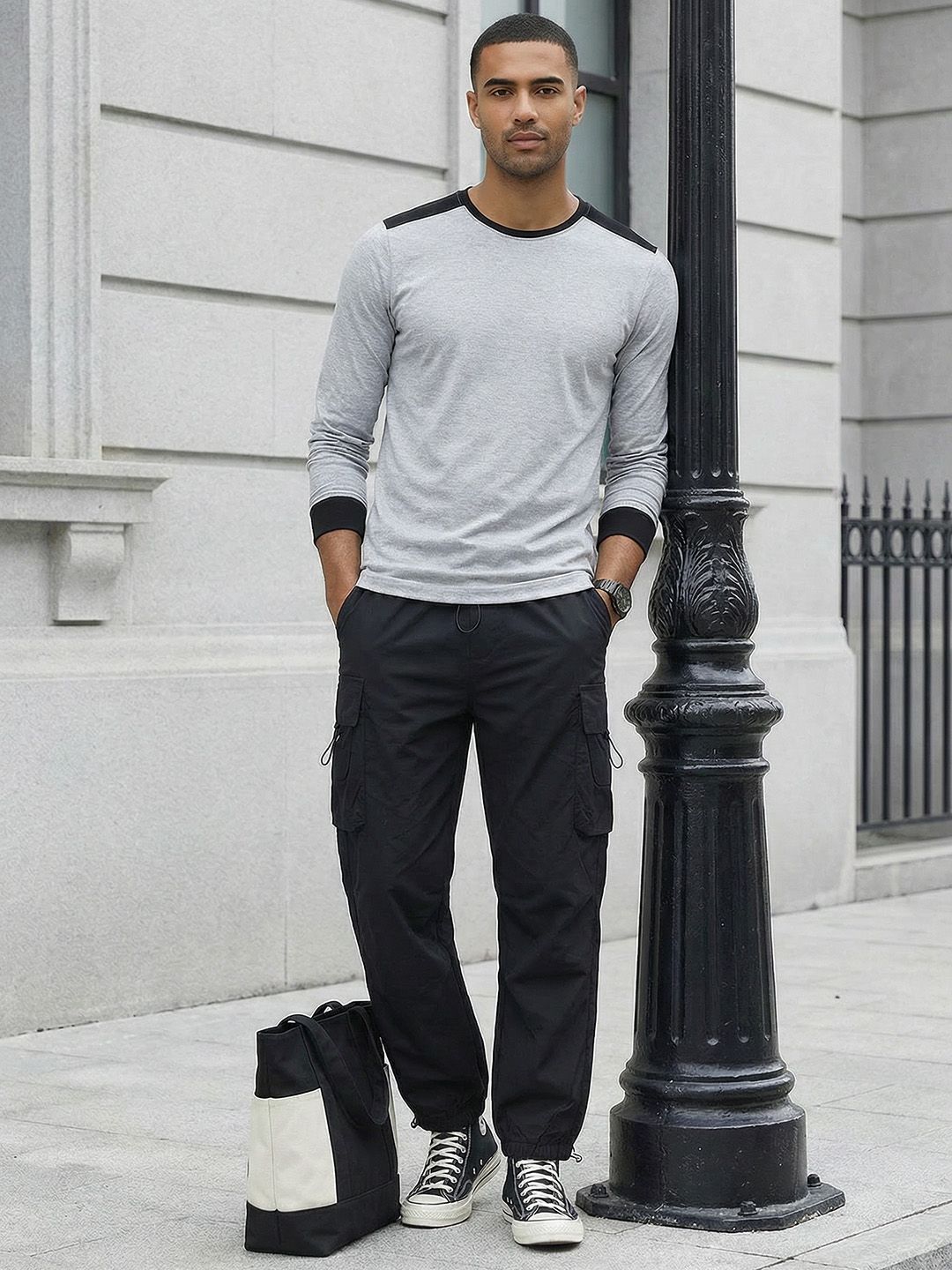 Roadster Men Grey Melange Solid Round Neck Pure Cotton T-shirt