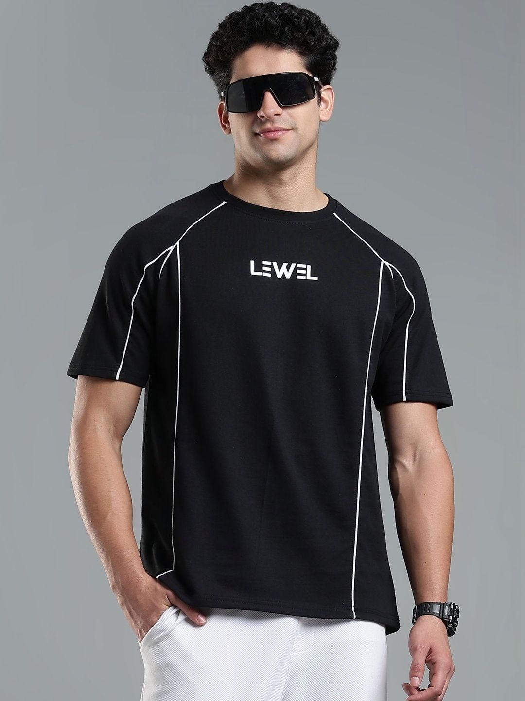 LEWEL Men Brand Logo Printed Round Neck Cotton T-shirt