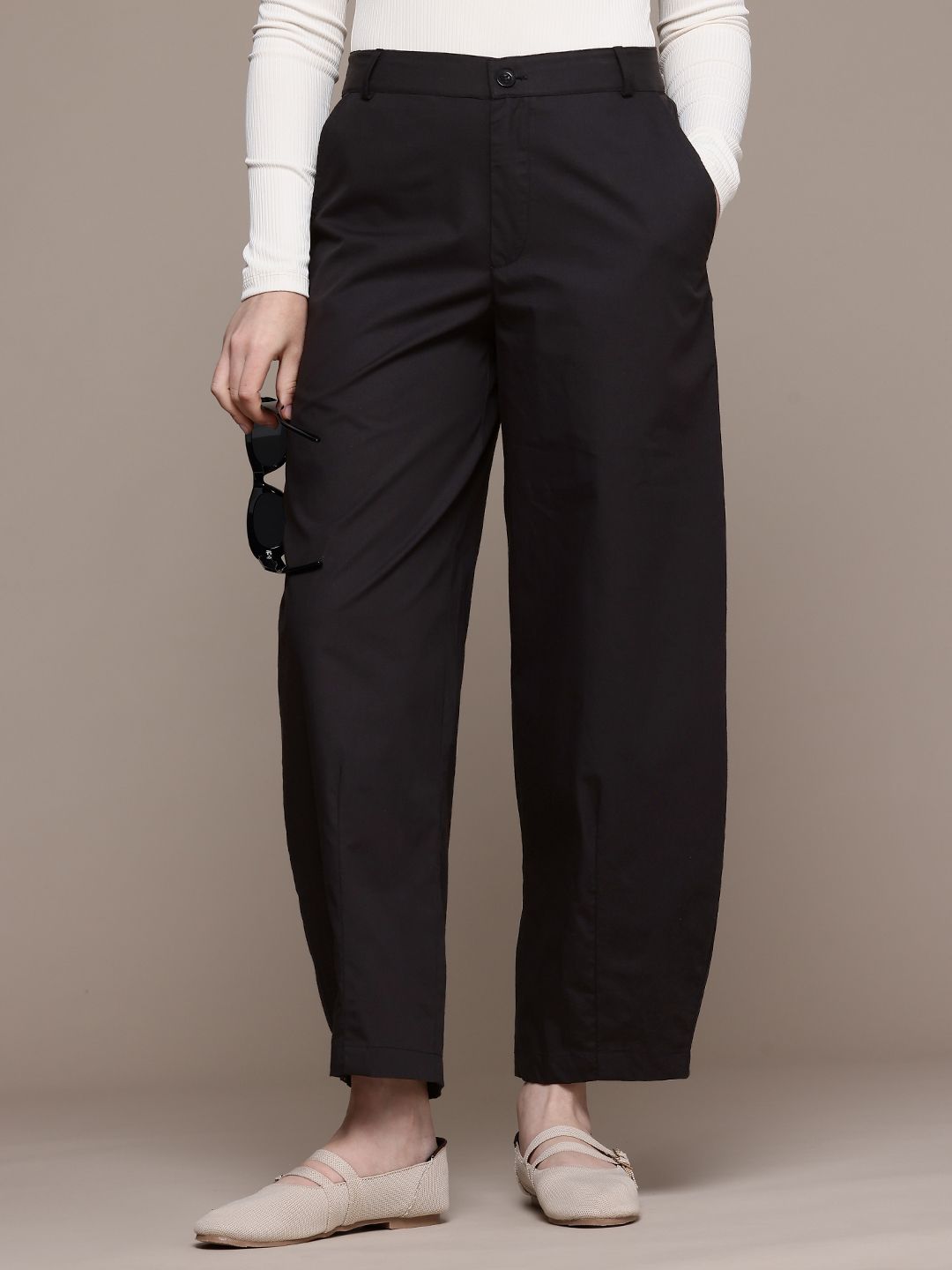Popnetic Women Pure Cotton Barrel Fit High-Rise Chinos Trousers
