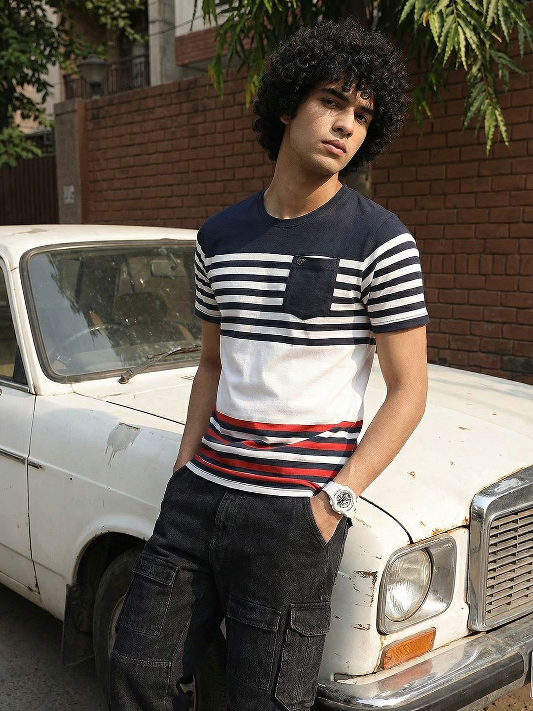 Roadster Men Navy Blue White Striped Cotton Cotton T-shirt