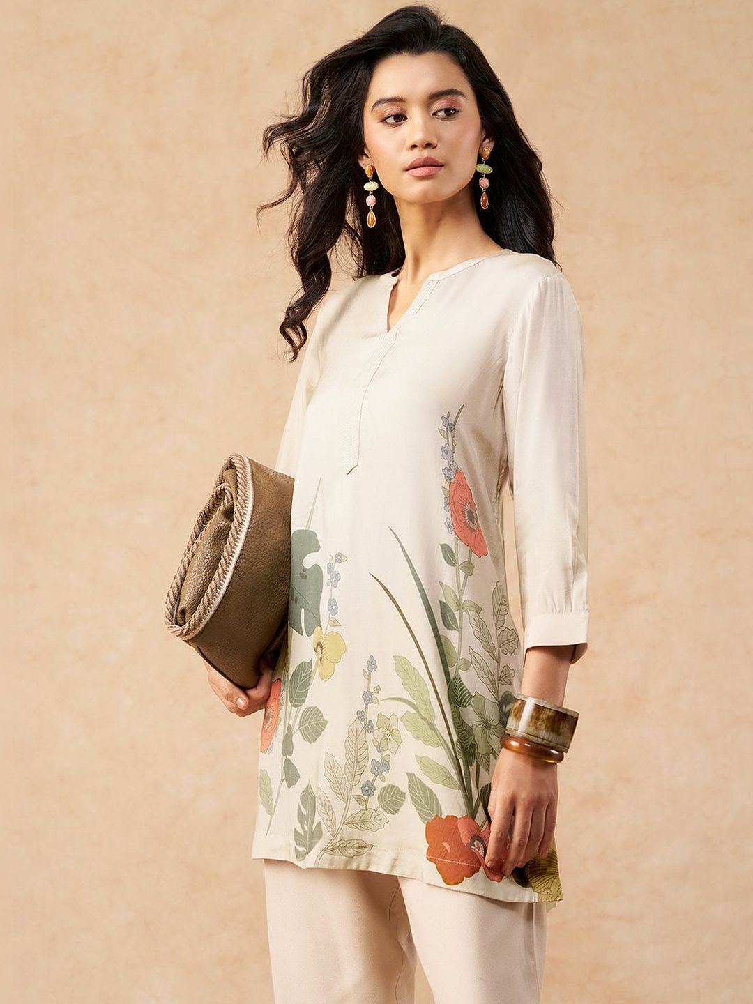 Marigold Lane Floral Printed Viscose Rayon Mandarin Collar Tunic