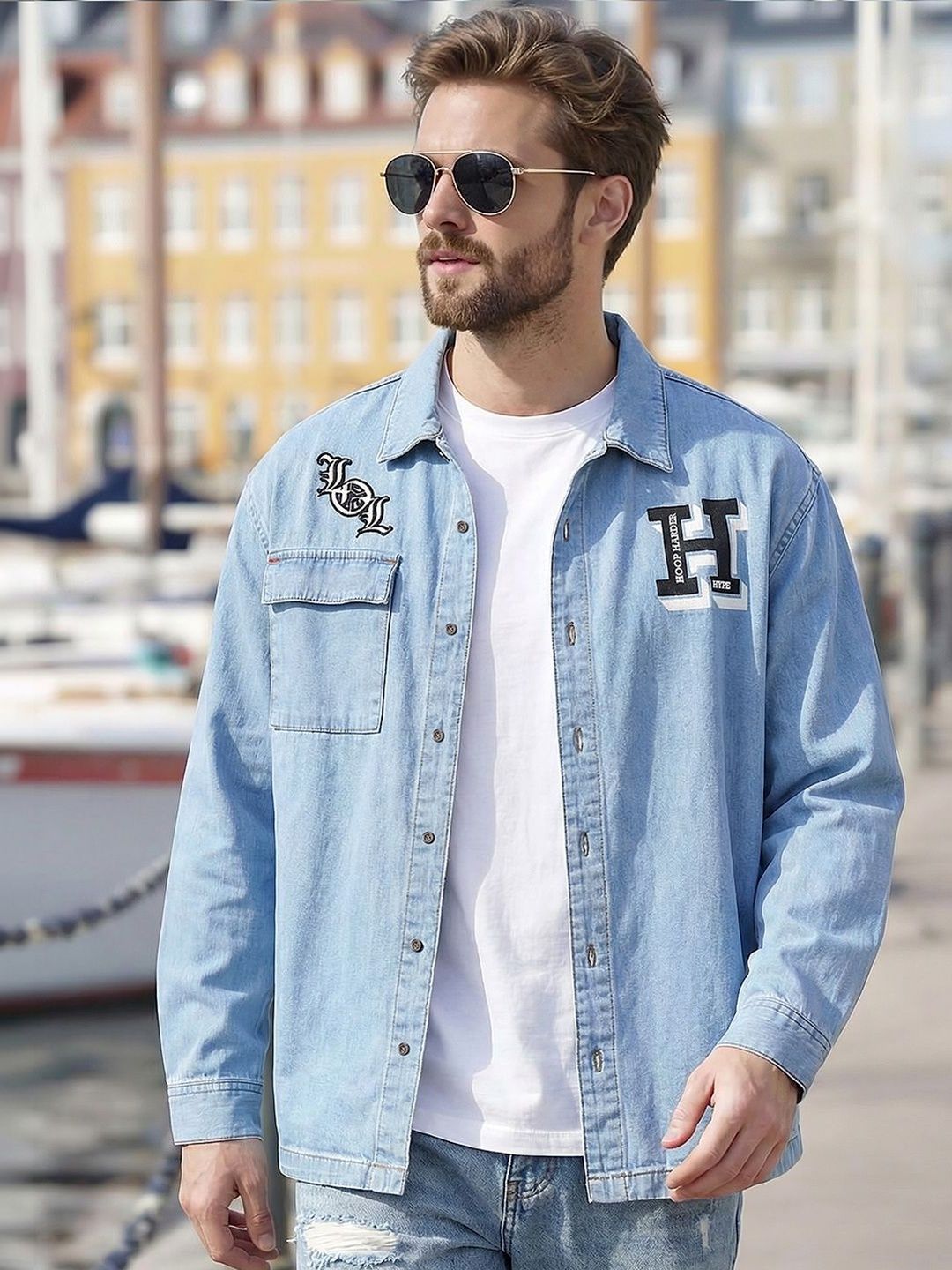 Bewakoof Men's Ice Blue Typography Oversized Denim Jacket