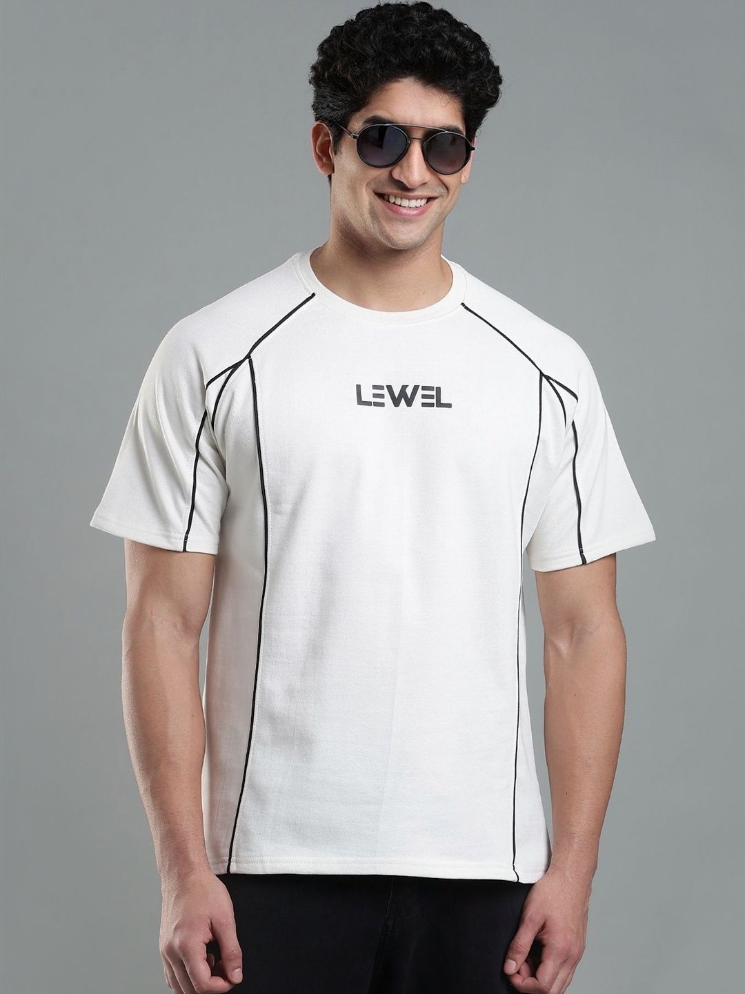 LEWEL Men Striped Round Neck Cotton Oversized T-shirt