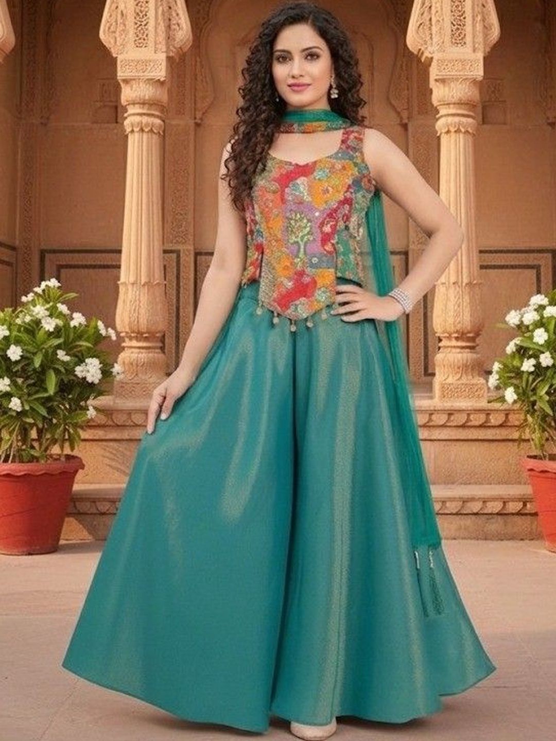 Sashay Boutique Women Floral Embroidered Regular Top with Sharara & With Dupatta