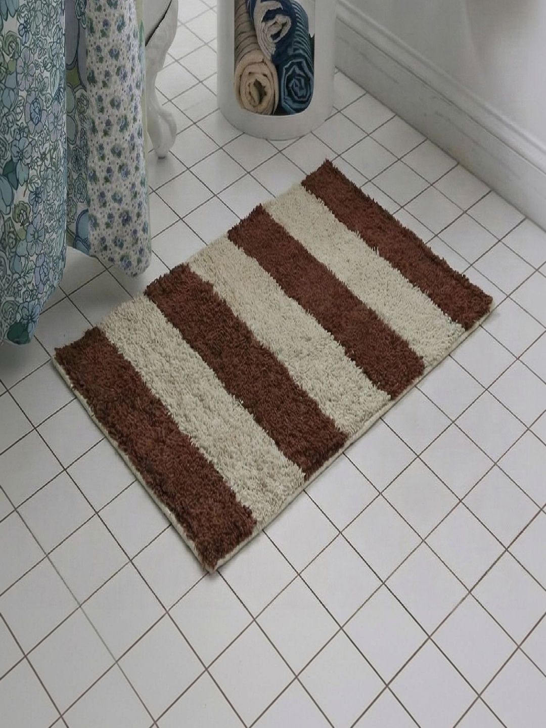 Myntra Elegant Homes Myntra Elegant Homes Brown & Cream Striped Cotton Anti-Skid Durable Doormats