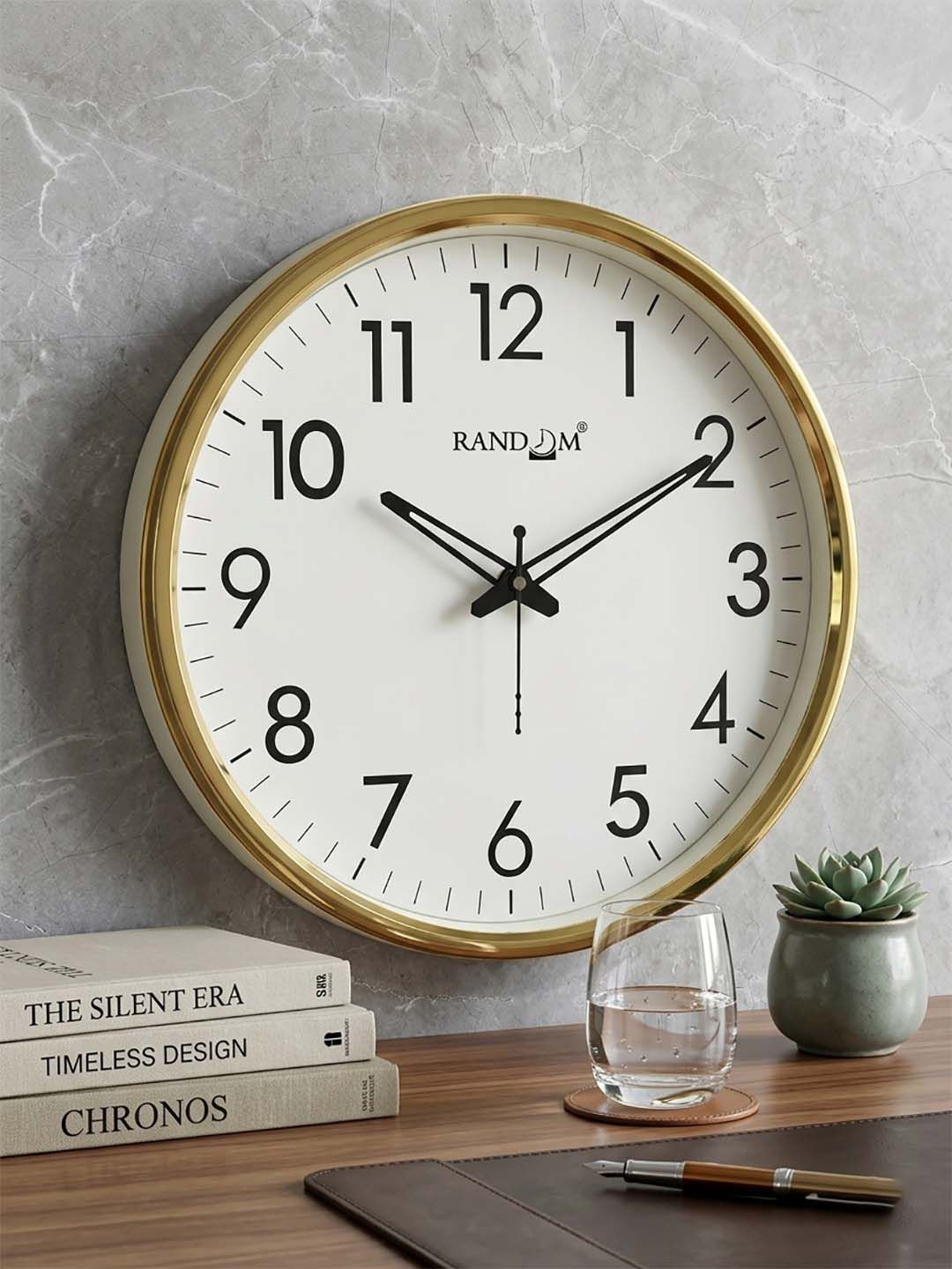 RANDOM RANDOM Unisex White & Gold-Toned Solid Contemporary Premium Wall Round Clock