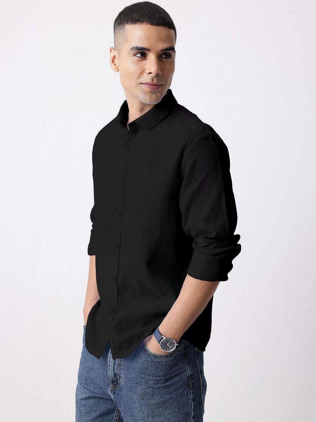 Roadster Linen Black Spread Collar Shirts