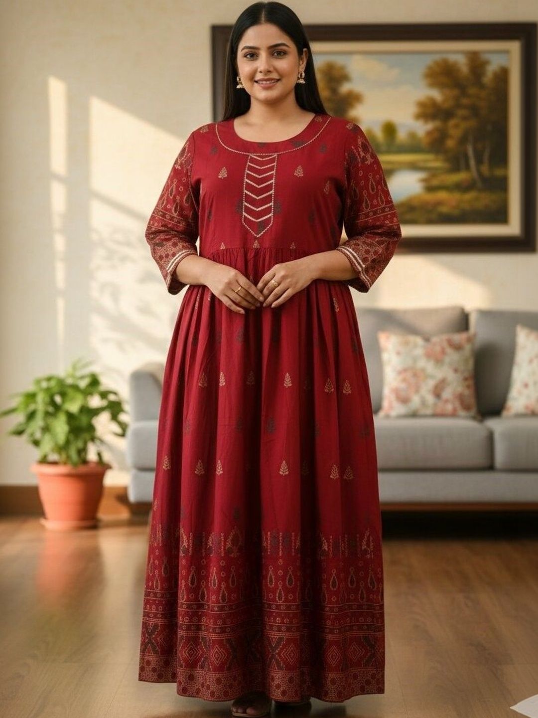 Sztori Cotton Round Neck Fit and Flare Maxi Ethnic Dresses