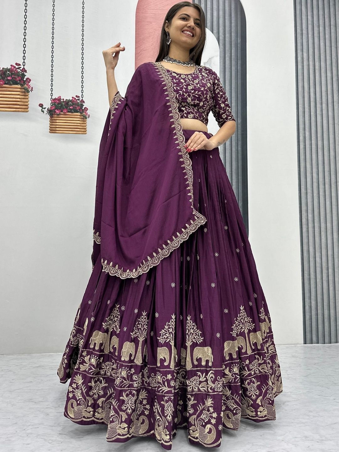 House of Pataudi Embroidered Round Neck Flared Lehenga Choli