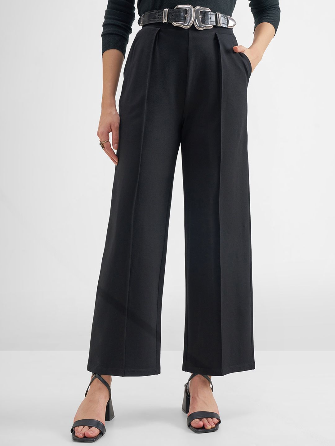 CHIC BY TOKYO TALKIES Women Black High-Waisted Tailored Trousers