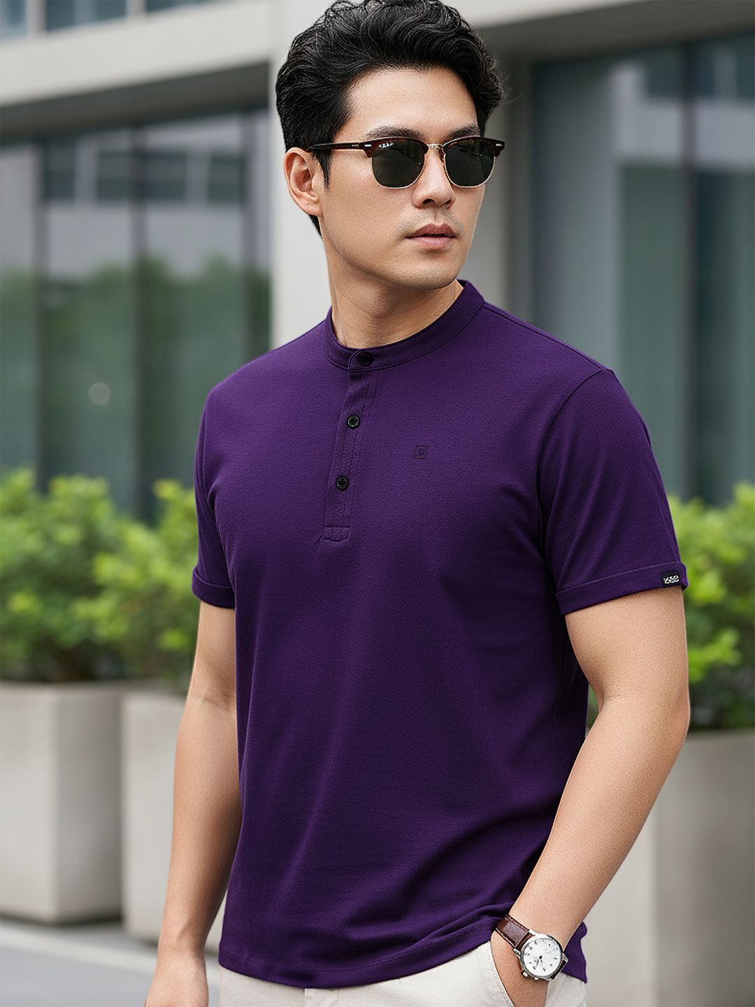 Urbano Fashion Men Purple Solid Slim Fit Mandarin Collar Pure Cotton T-shirt
