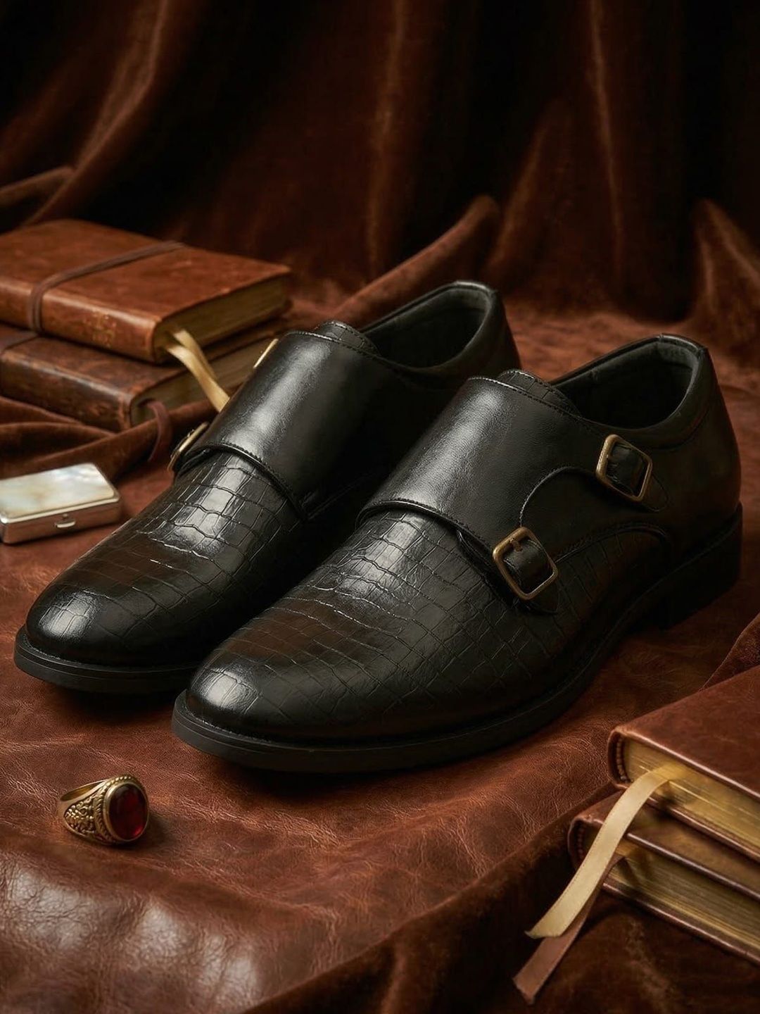 House of Pataudi Men Textured Round Toe Buckle Monk Formal Shoes