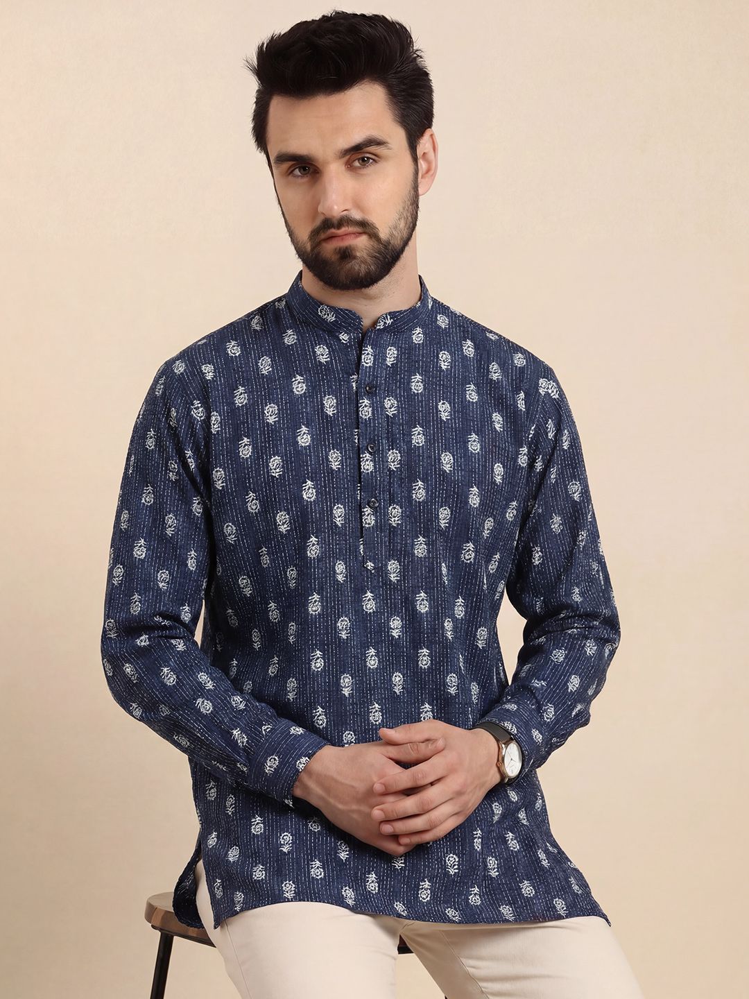 TATTVA Men Ethnic Motifs Printed Indigo Khadi Kurta