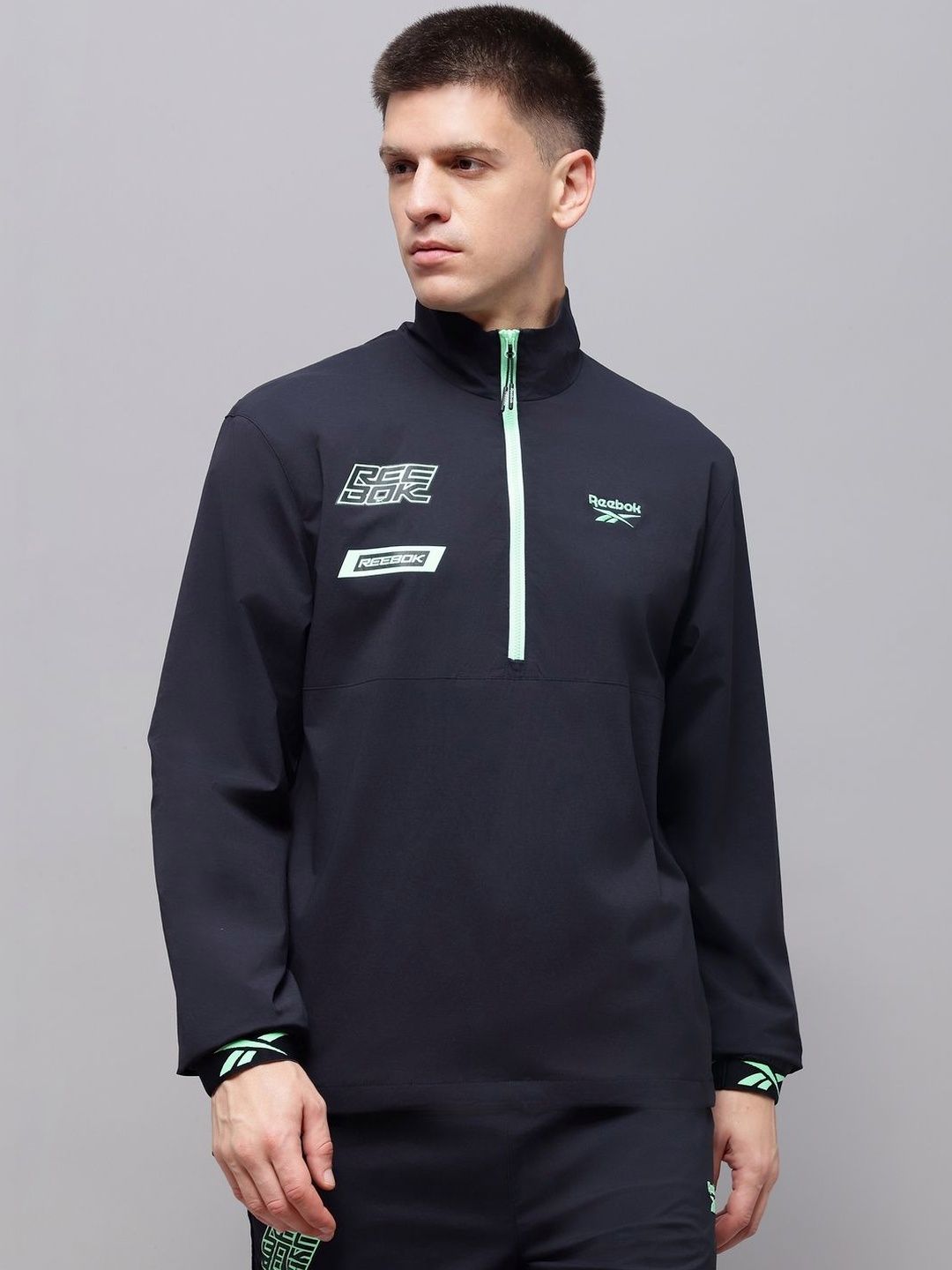 Reebok Printed Mock Collar Open Front Jacket