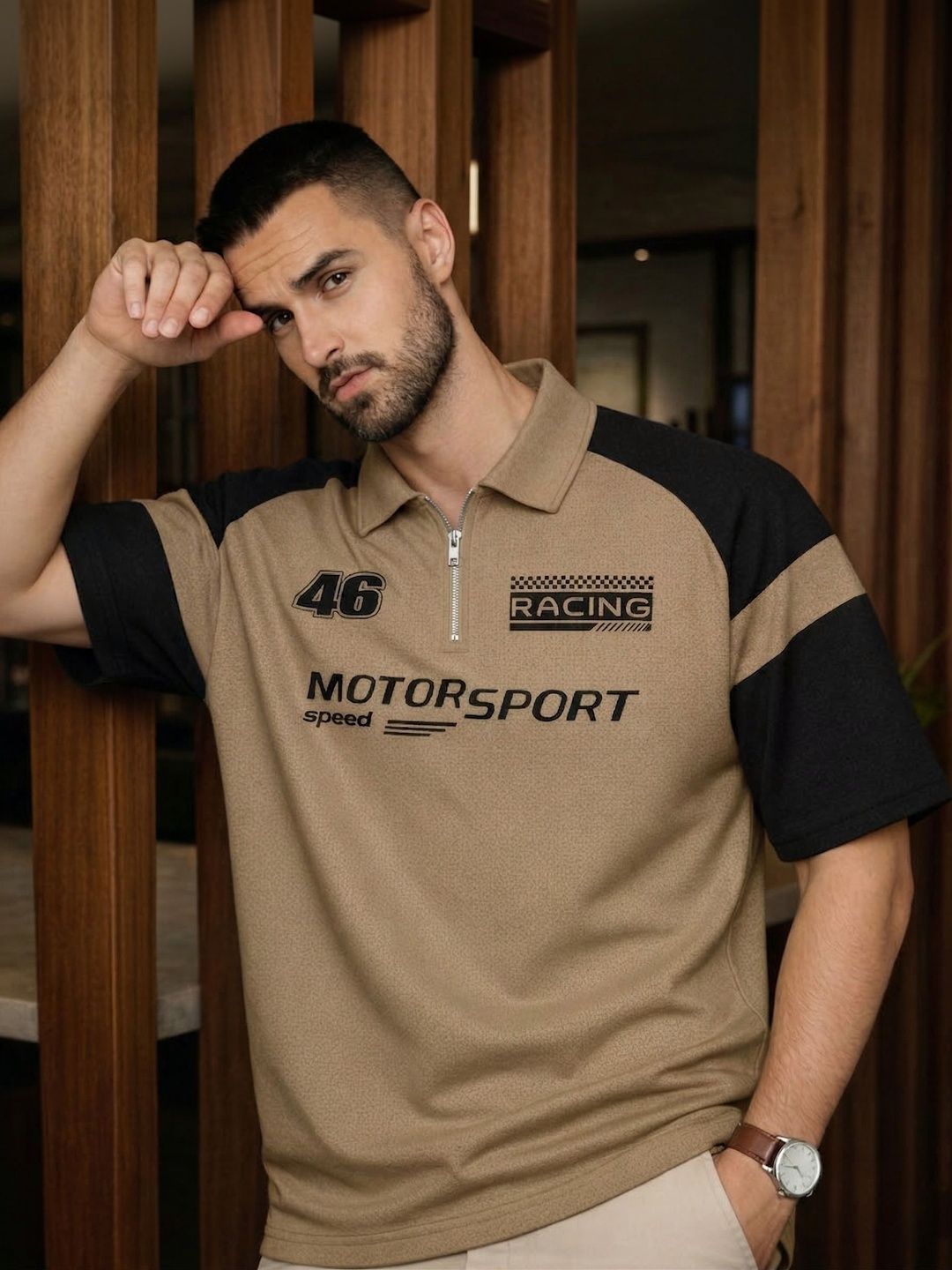 Mobox Men Typography Printed Colourblocked Cotton Polo Collar T-shirt
