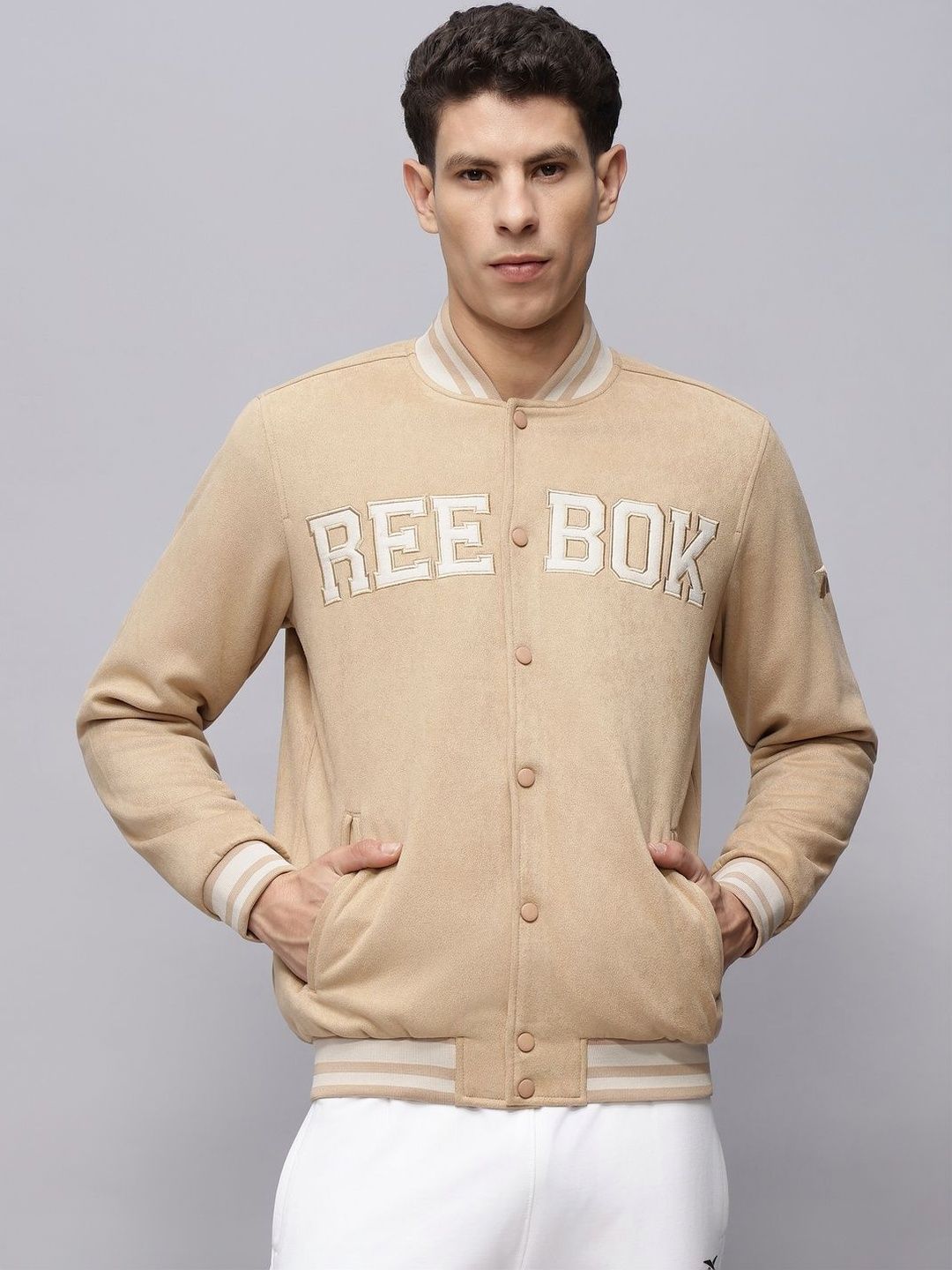Reebok Printed Cotton Mock Collar Open Front Jacket