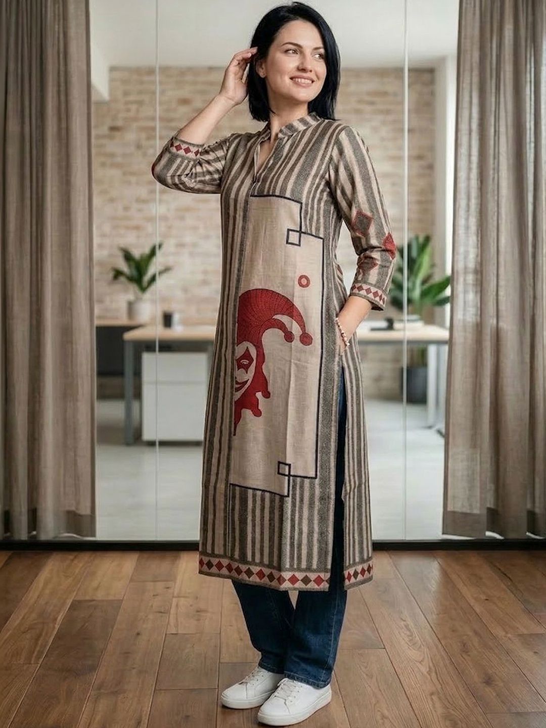 Varanga Women Quirky Printed Mandarin Collar Chanderi Silk Kurta