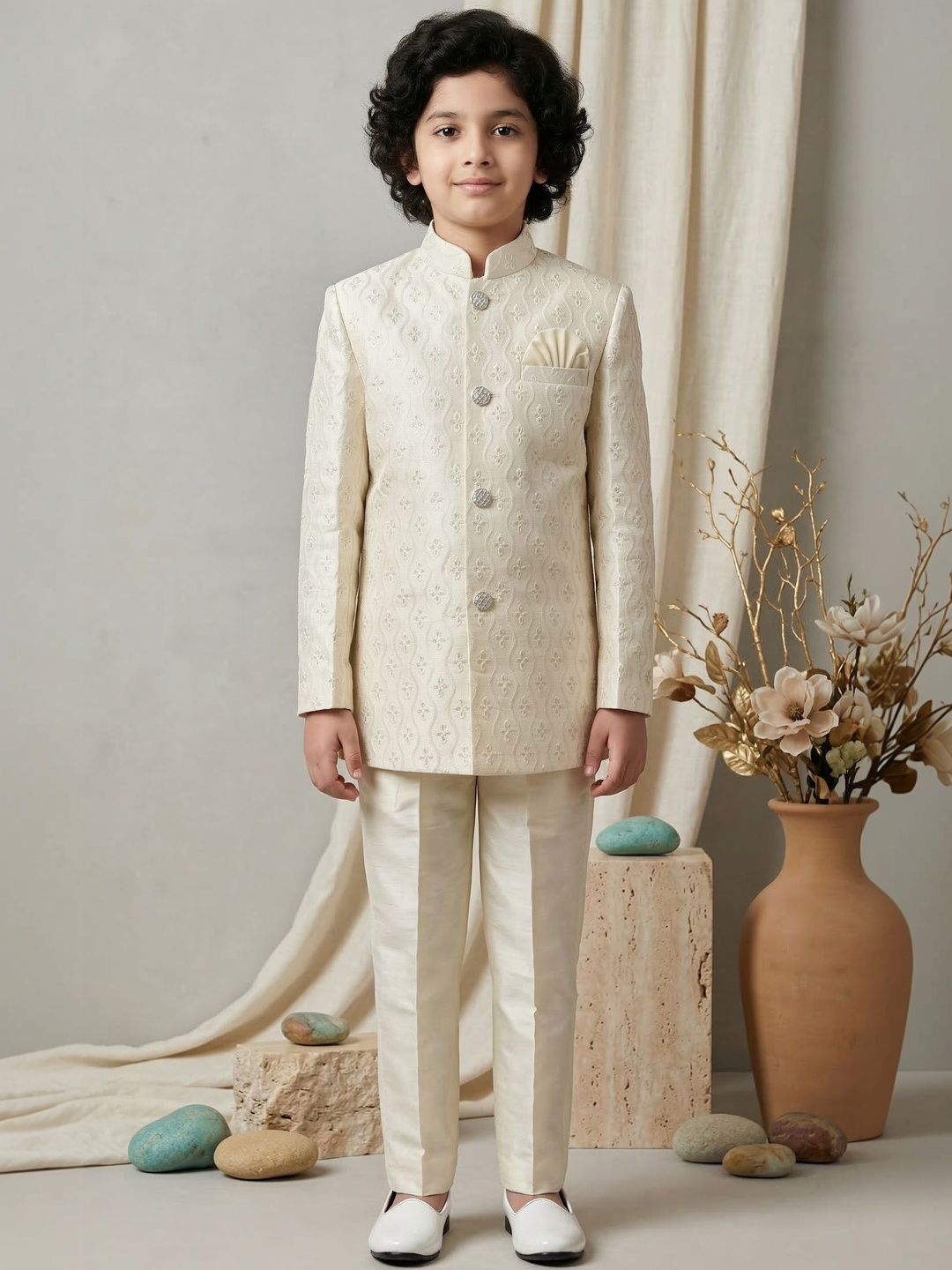 ahhaaaa Boys Embroidered Mandarin Collar Sherwani