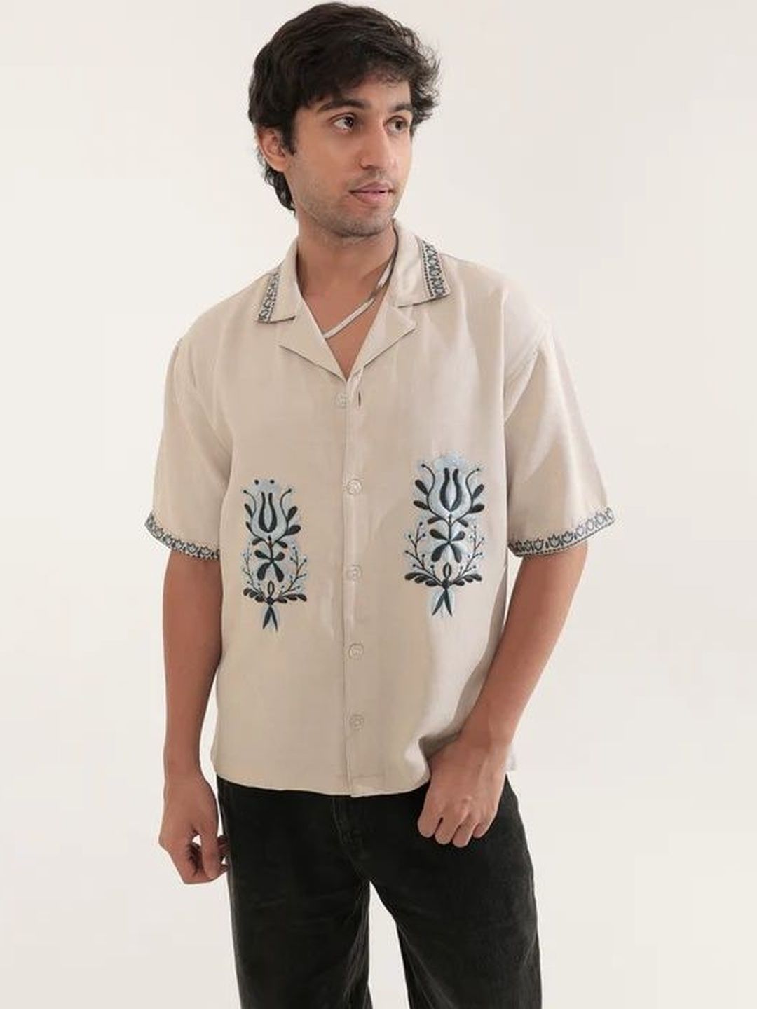 HERE&NOW White Lotus Comfort Embroidered Spread Collar Shirts