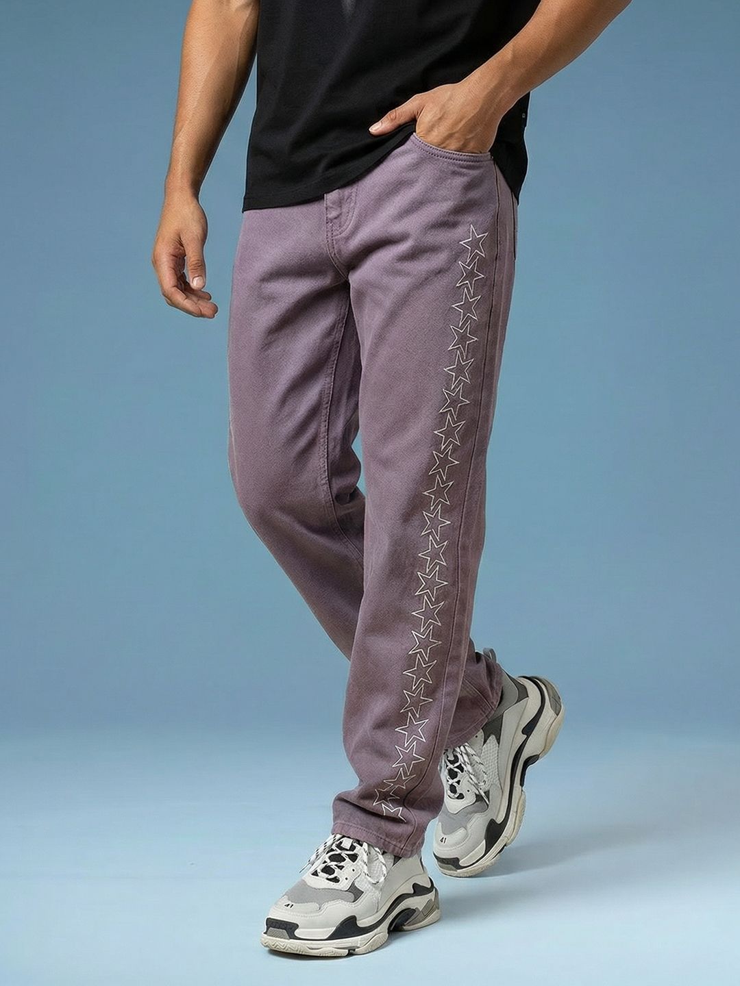 HERE&NOW Men Embroidered Mid-Rise Pure Cotton Straight Fit Jeans