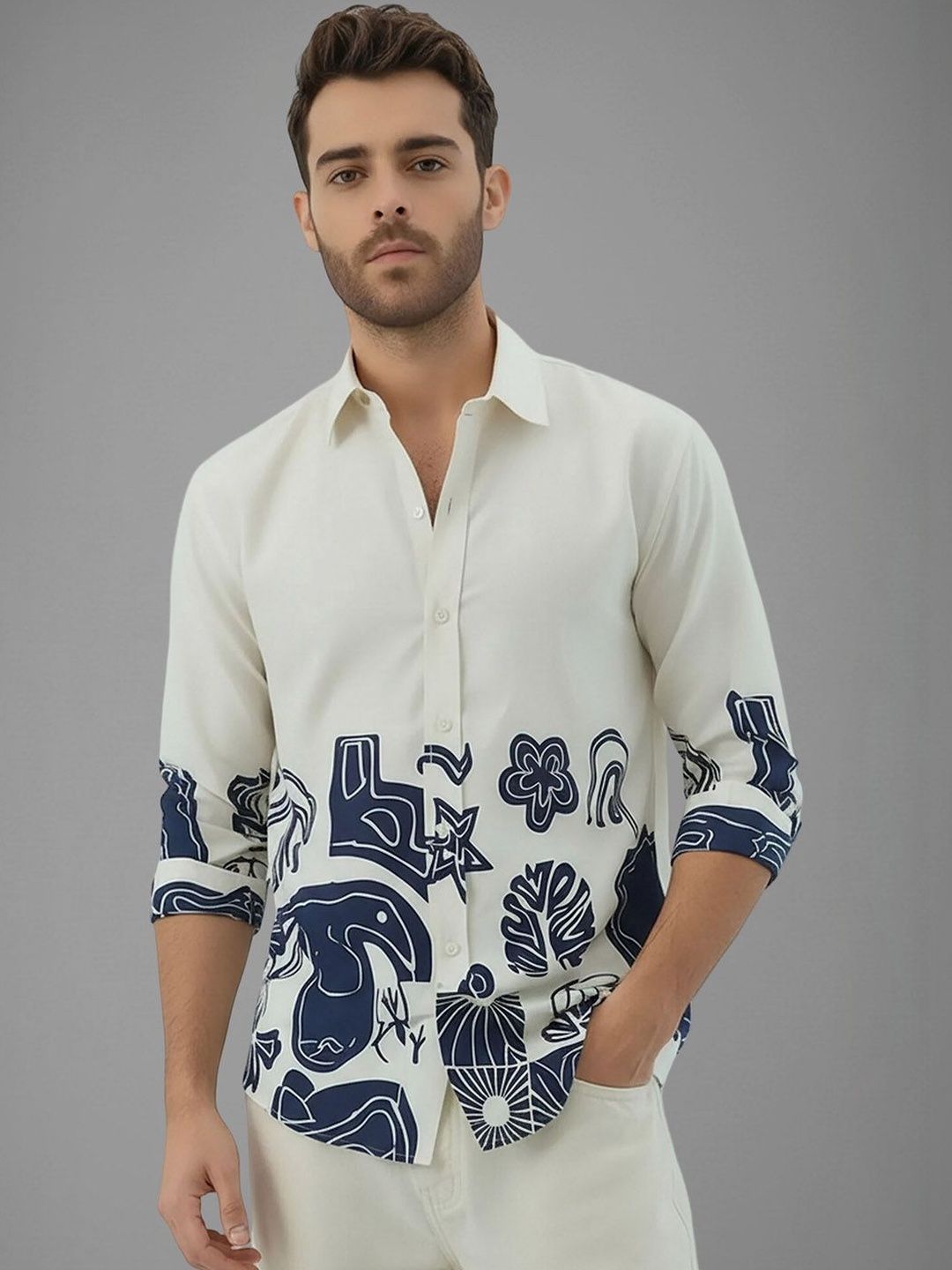 SZN Men Abstract Printed Spread Collar Shirt