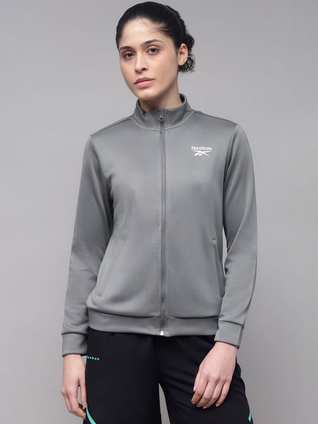 Reebok Polyester Mock Collar Open Front Jacket