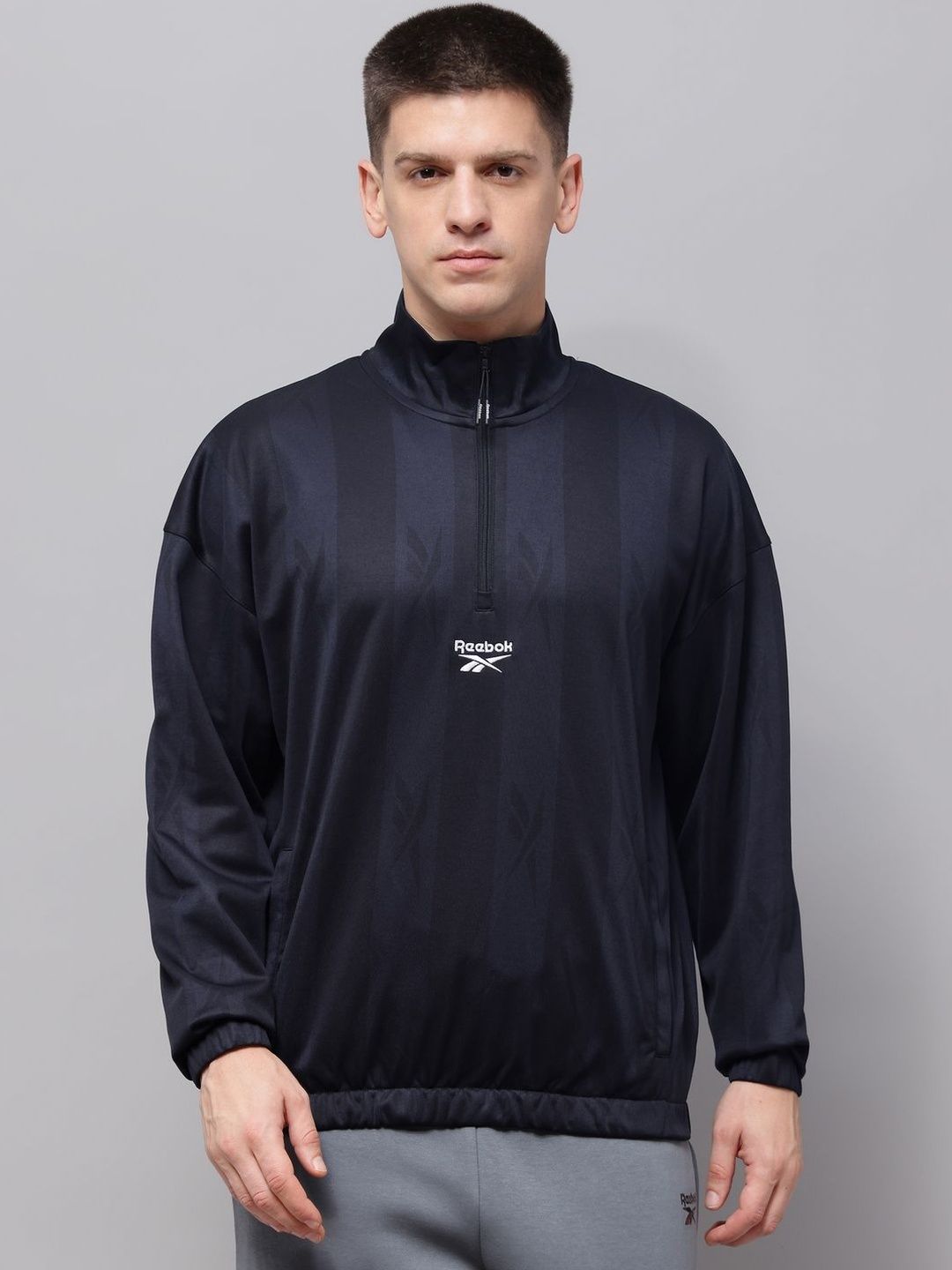 Reebok Striped Cotton Mock Collar Open Front Jacket