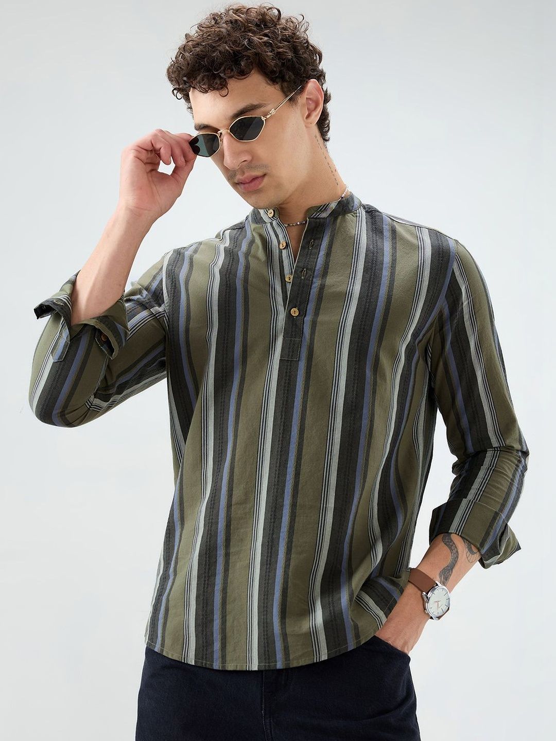 VASTRADO Refined Olive Multi Striped Kurta