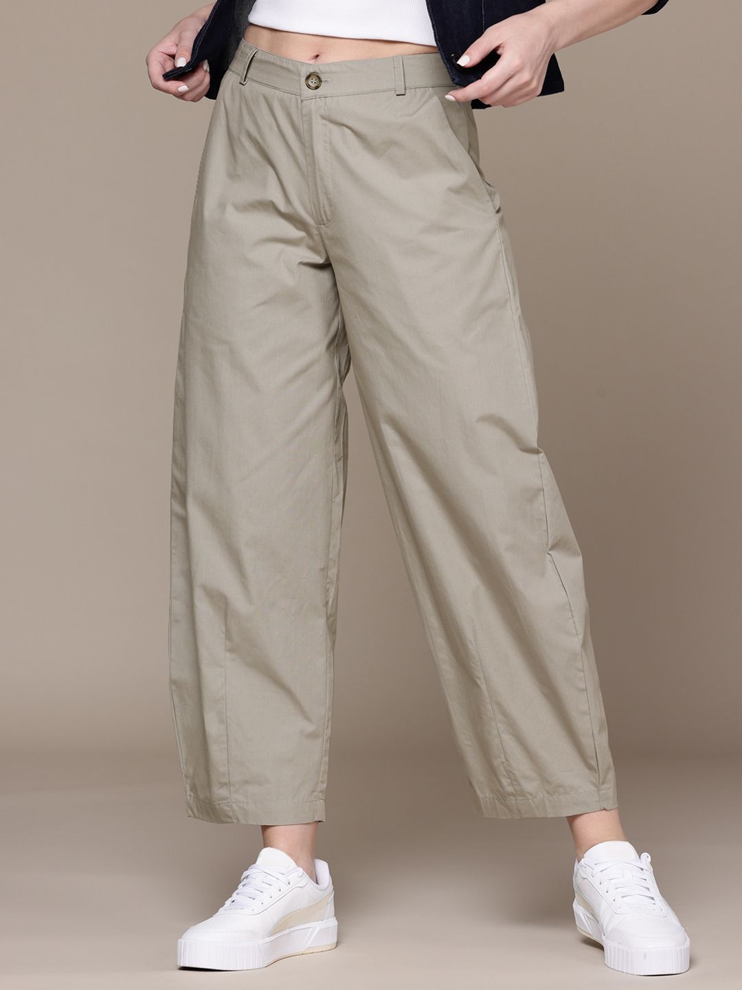 Popnetic Women Pure Cotton Barrel Fit High-Rise Chinos Trousers