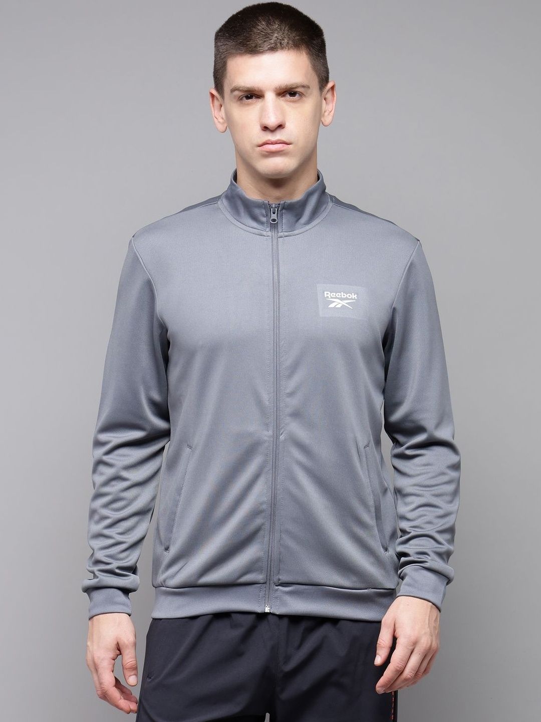 Reebok Printed Mock Collar Open Front Jacket
