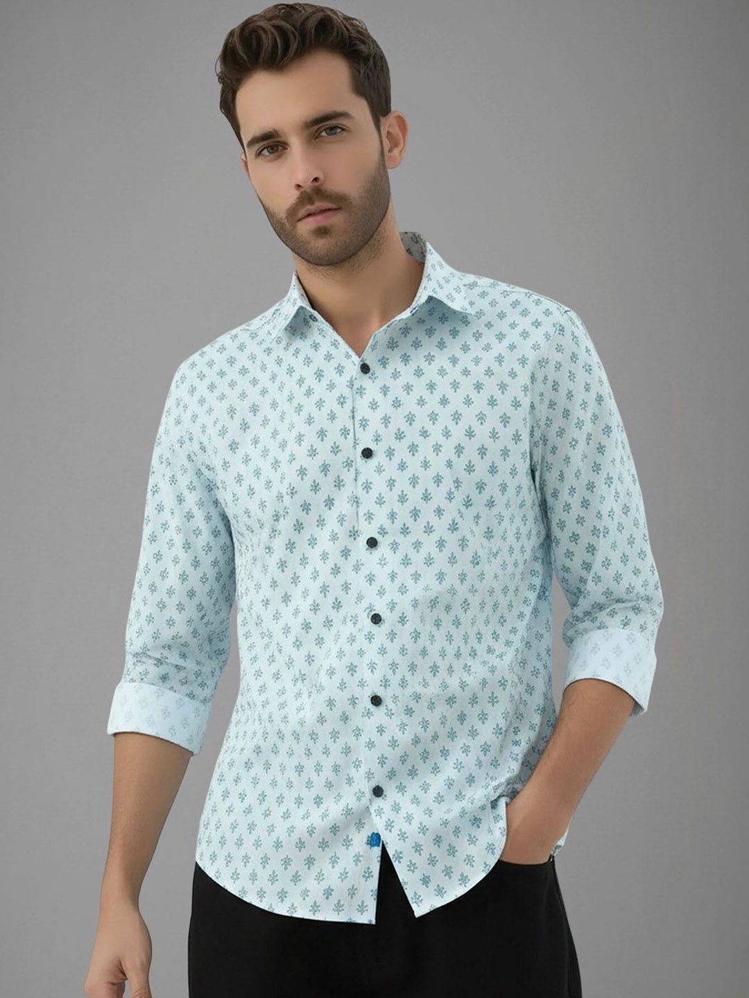 SZN Men Micro Ditsy Printed Spread Collar Shirt
