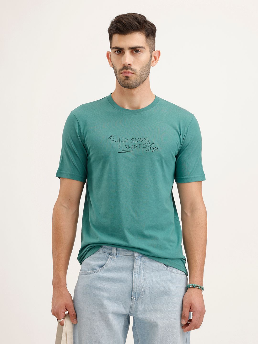 WROGN Typography Embroidered Pure Cotton Slim Fit T-shirt
