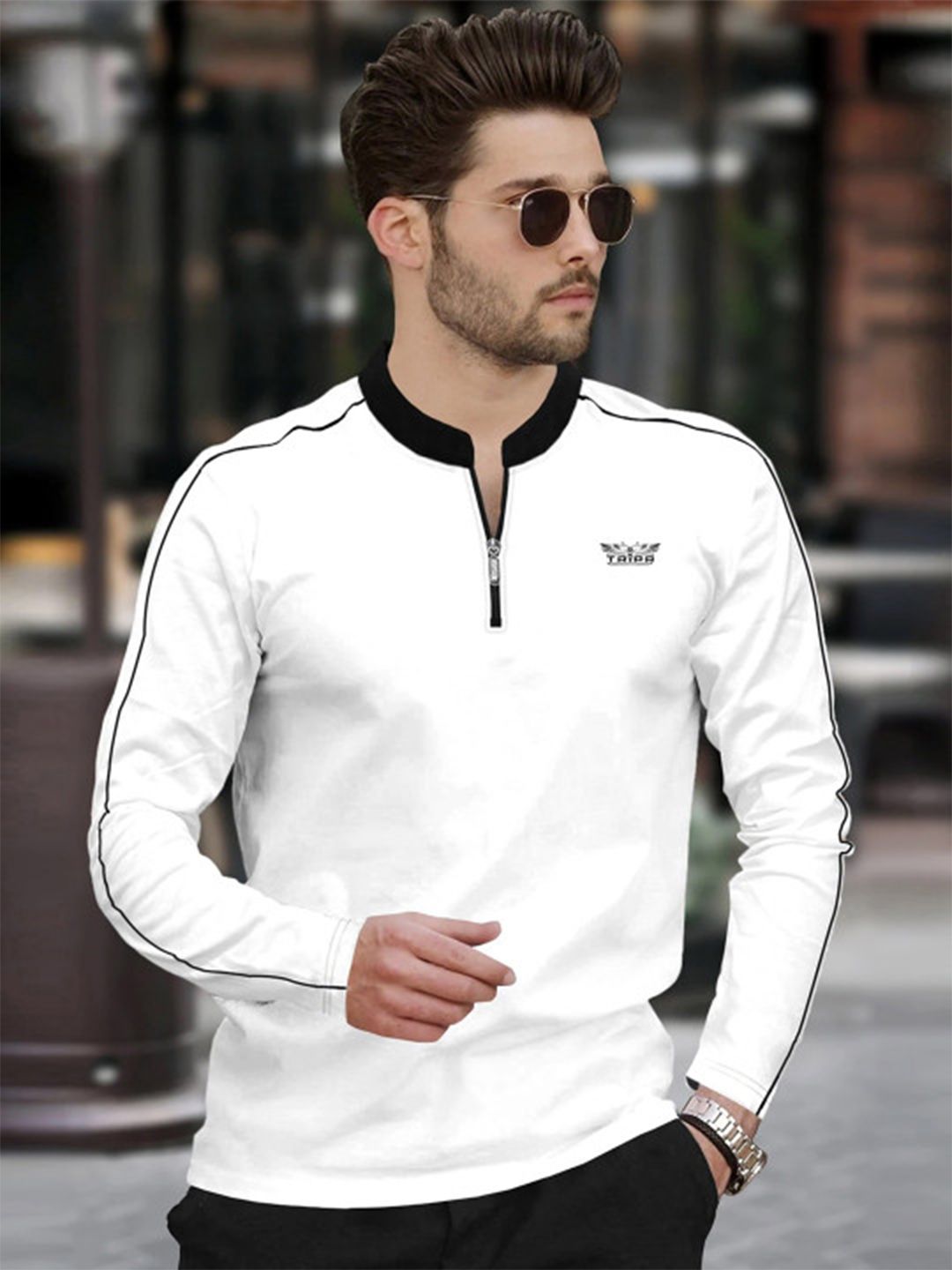 TRIPR Men Brand Logo Mandarin Collar T-shirt