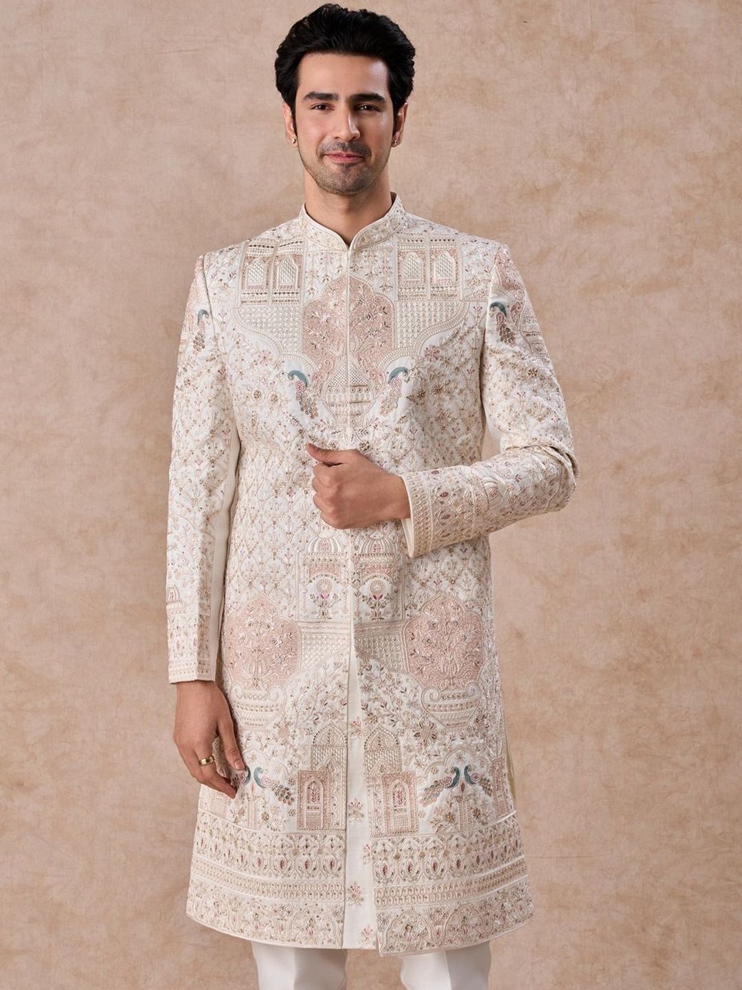 Manyavar Embroidered Mandarin Collar Sherwani