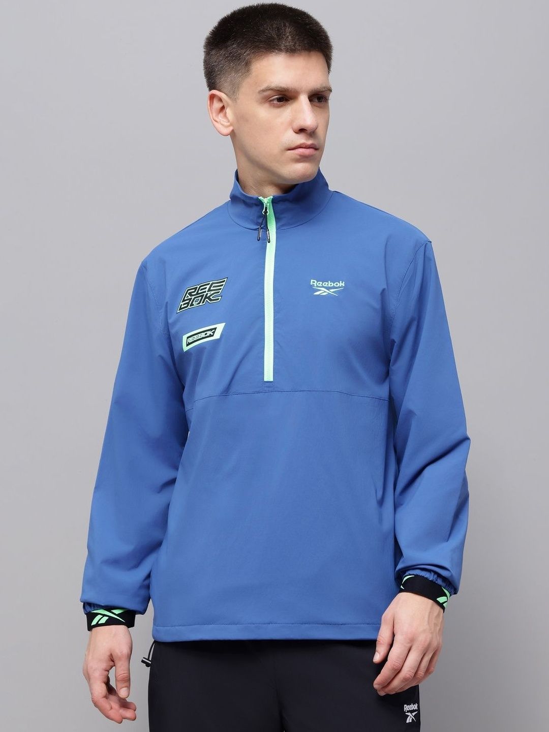 Reebok Printed Cotton Mock Collar Open Front Jacket