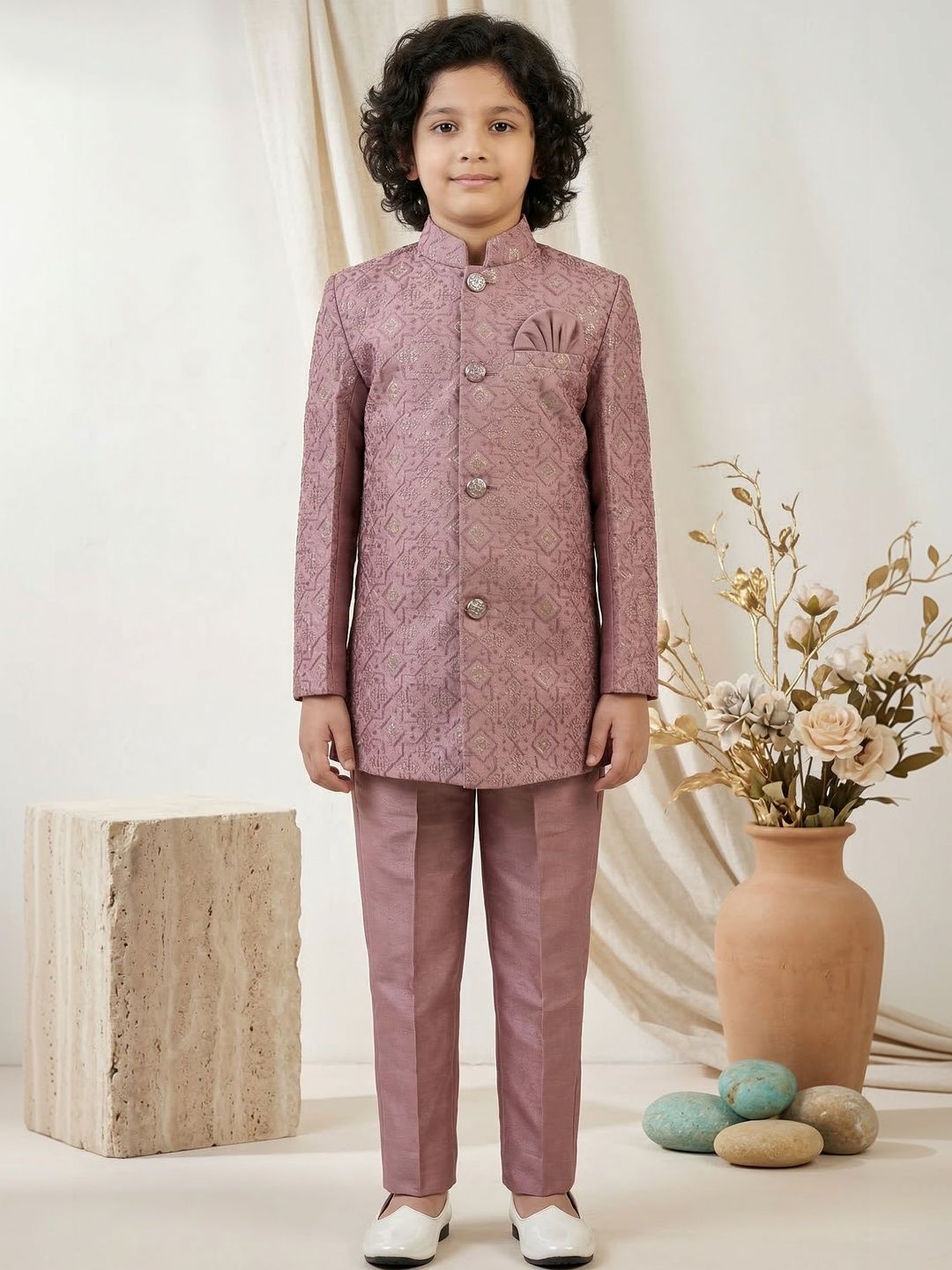 ahhaaaa Boys Embroidered Mandarin Collar Sherwani