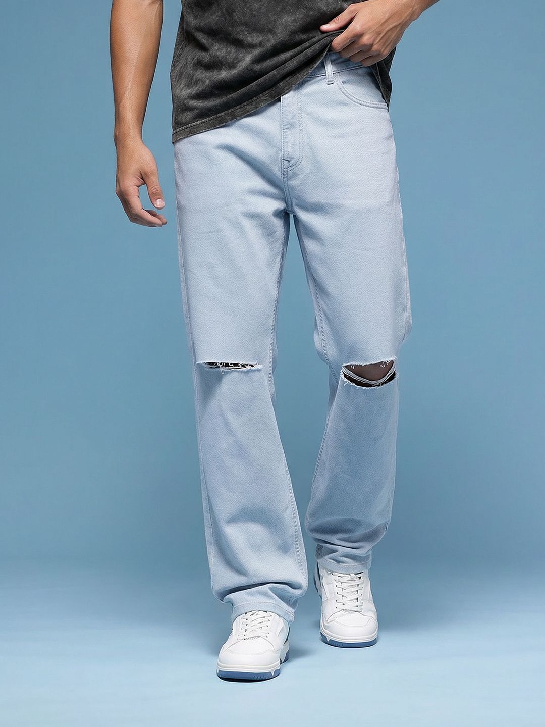 HERE&NOW Men Straight Fit Slash Knee Stretchable Jeans