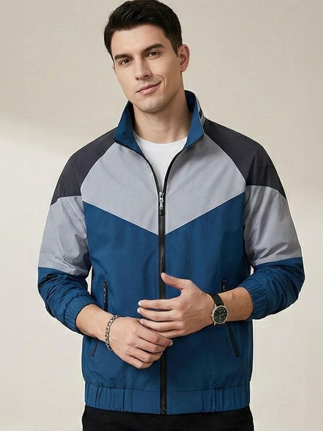 MIA FASHION Men Stand Collar Colourblocked Lightweight Sporty Jacket