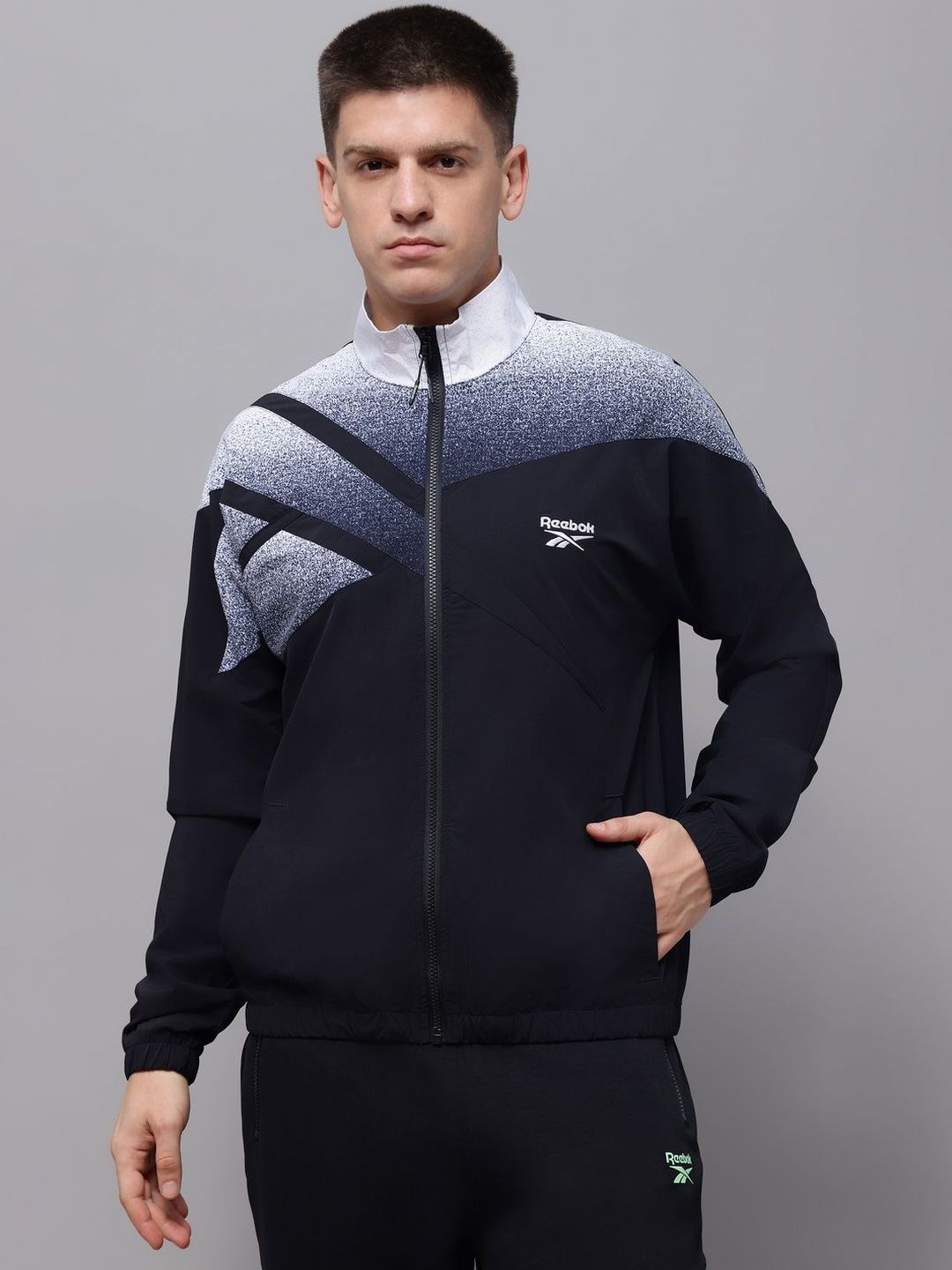 Reebok Colourblocked Cotton Mock Collar Open Front Jacket