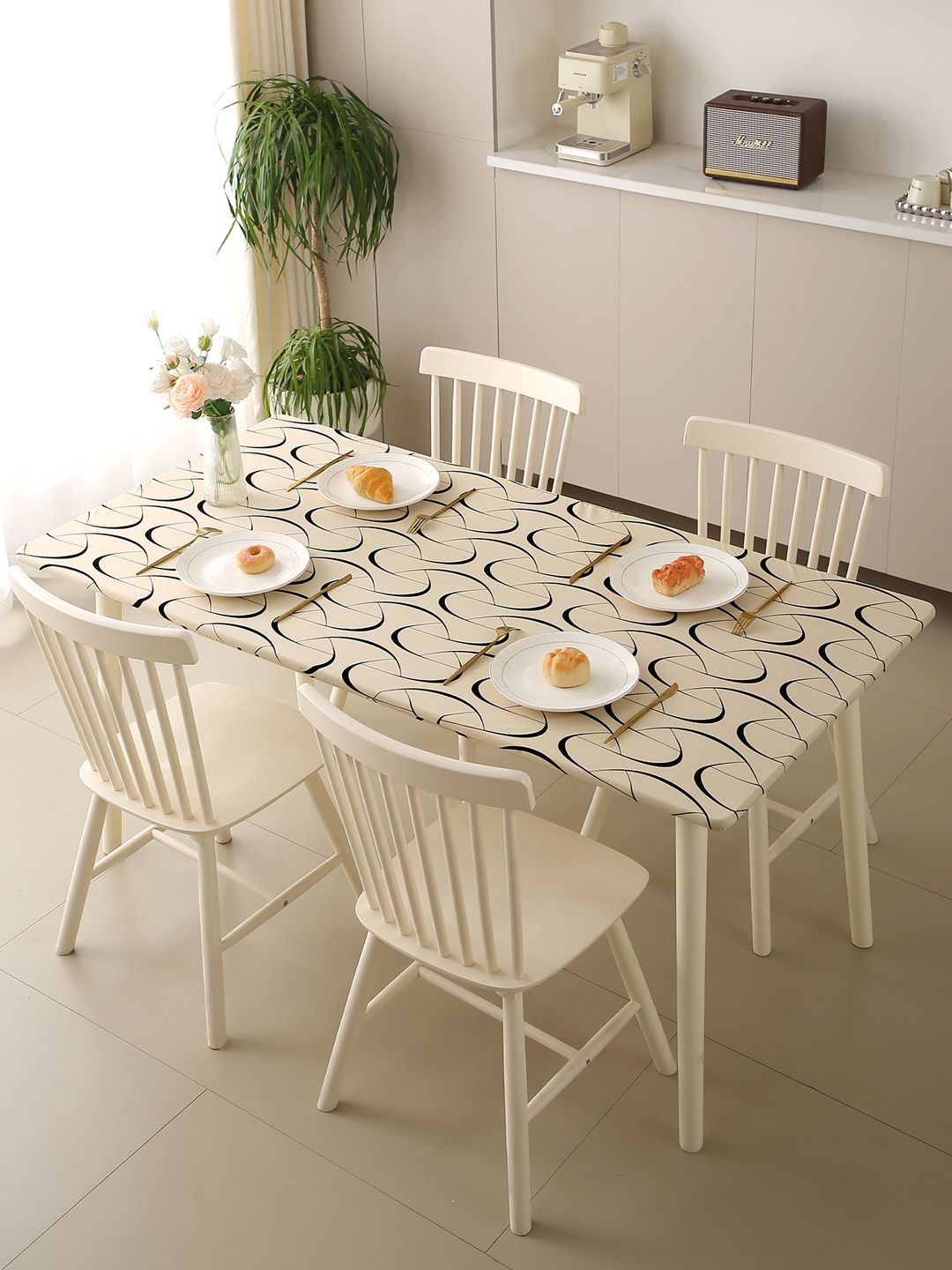 HOKIPO Beige Geometric Printed 4-Seater Table Cover