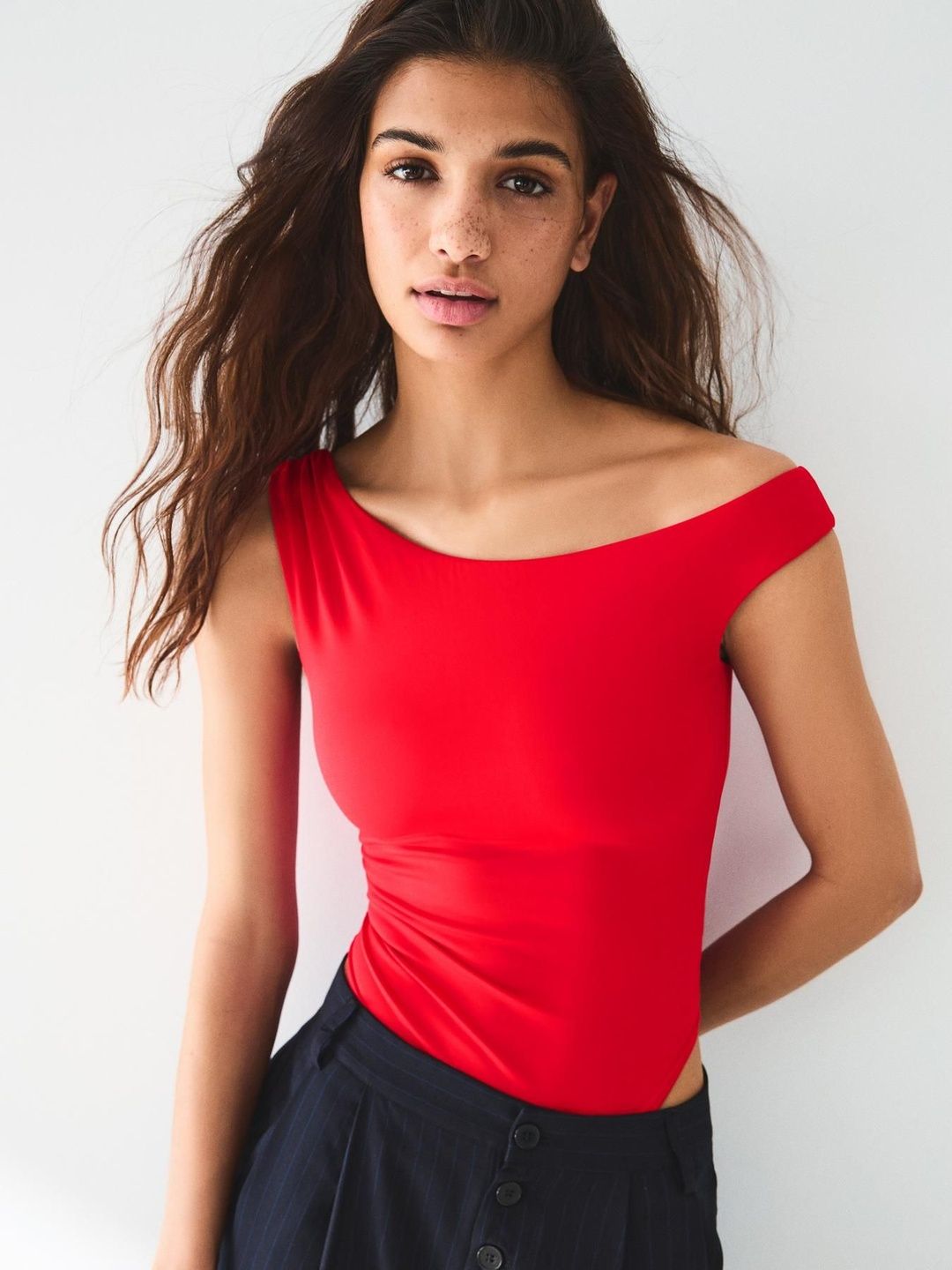 Asymmetric Ruched Strap Bodysuit